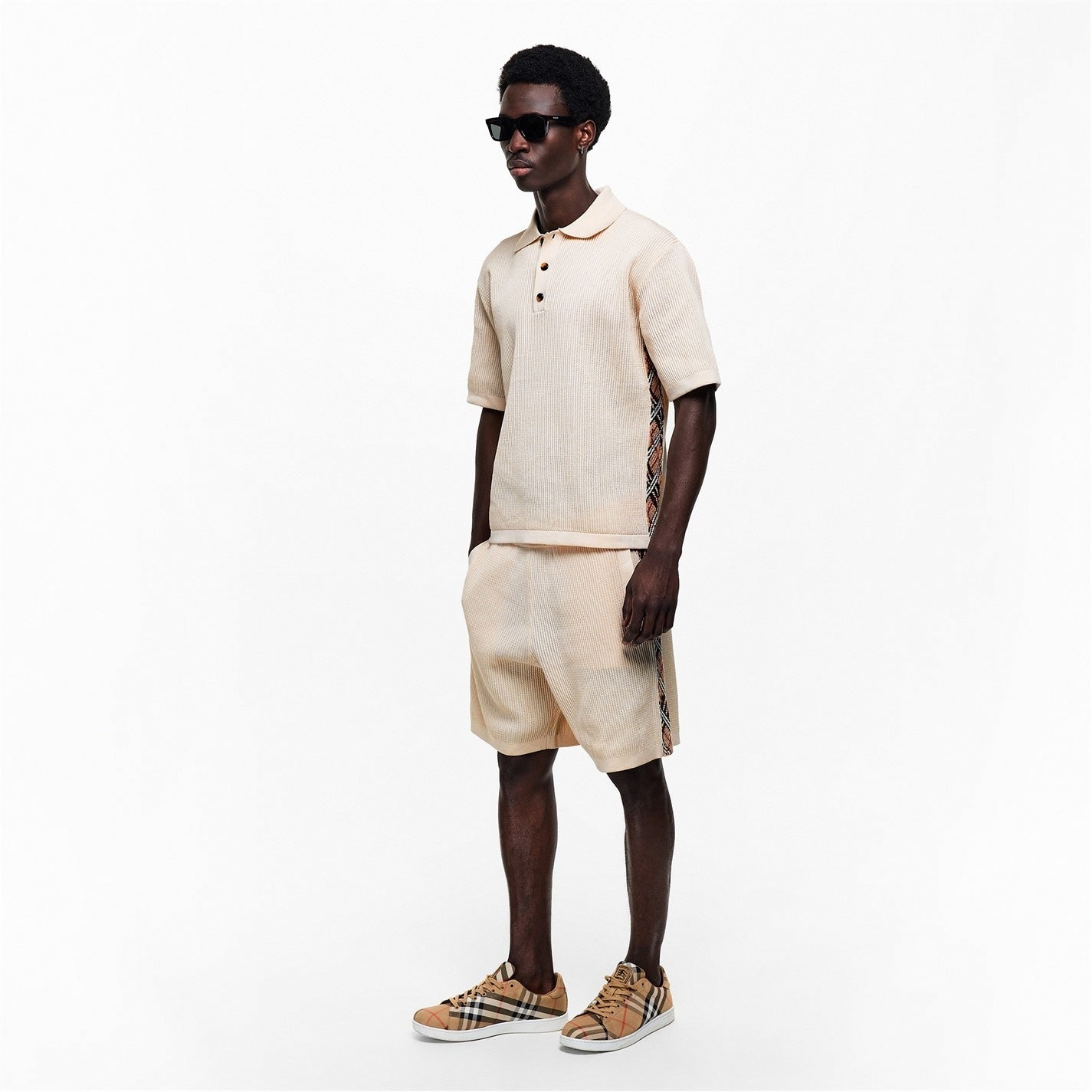 Men’s Knitted Polo & Shorts Co-Ord Set in Beige