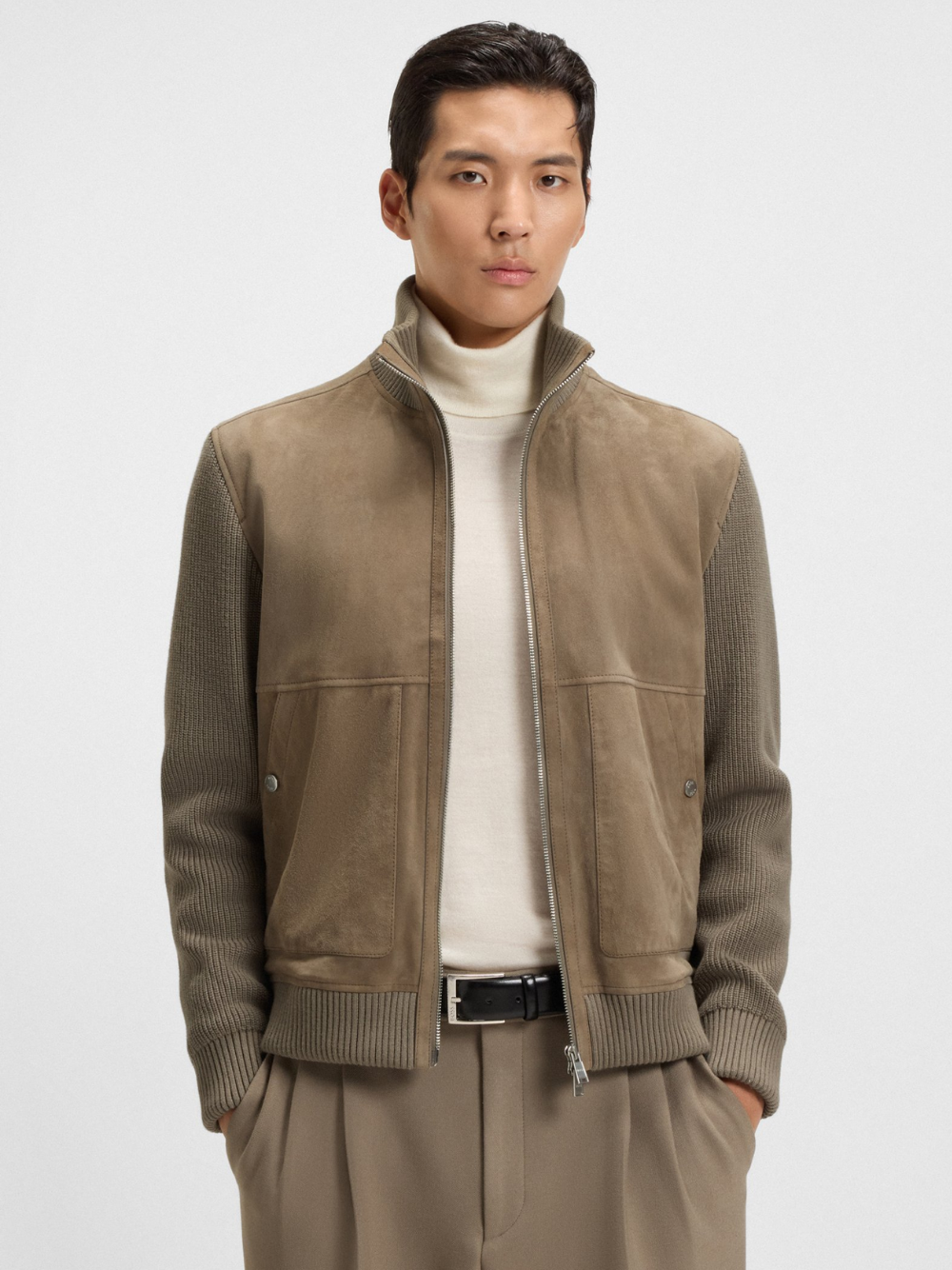 BOSS H-Maparo Suede Jacket With Cotton-Blend Sleeves Open Brown