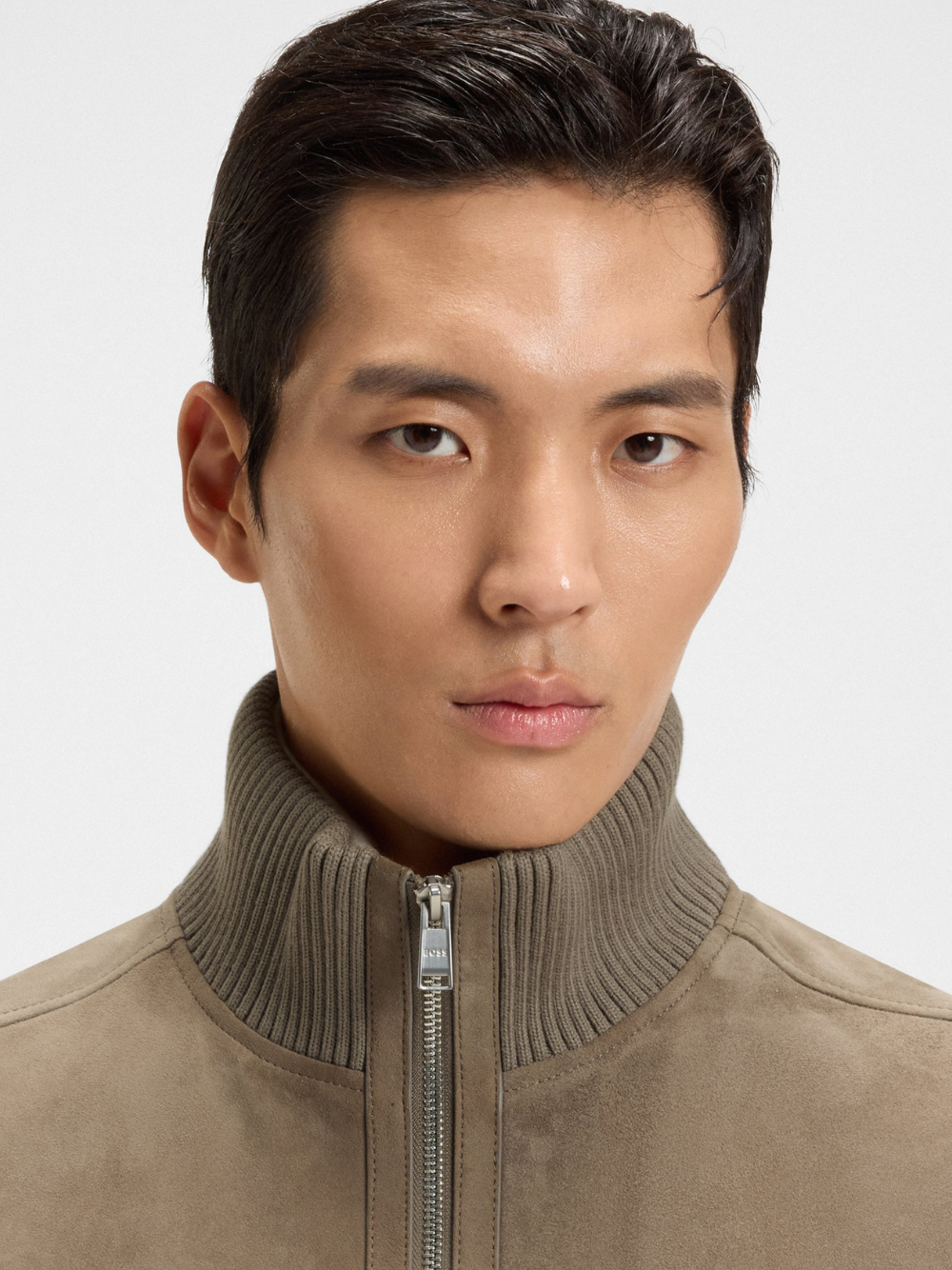 BOSS H-Maparo Suede Jacket With Cotton-Blend Sleeves Open Brown