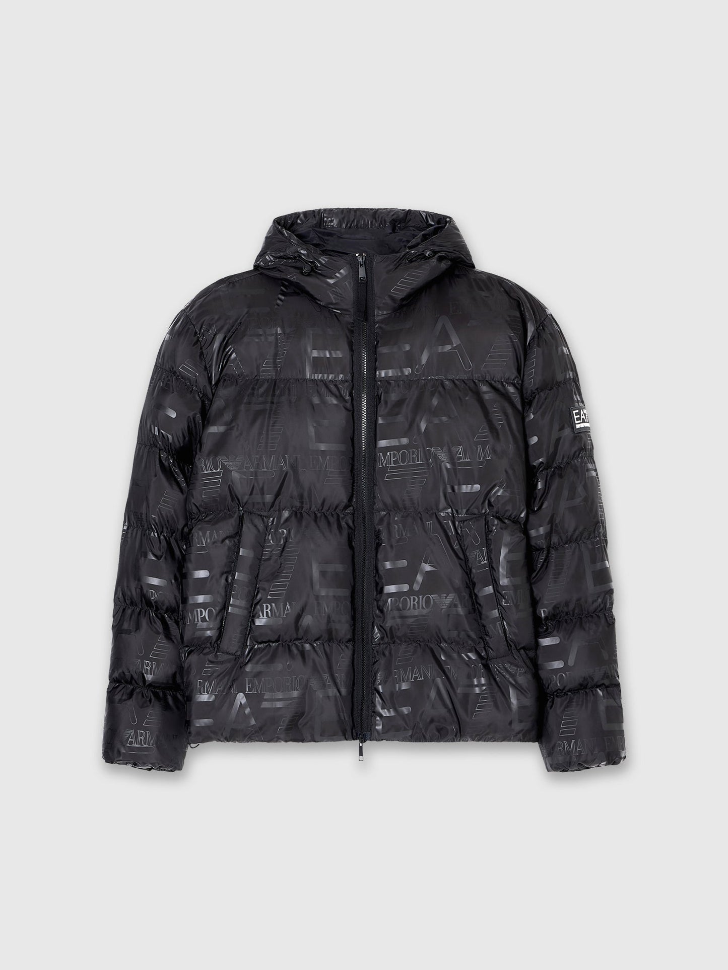 EA7 Emporio Armani Padded Hooded Jacket With All-over Logo Print Black