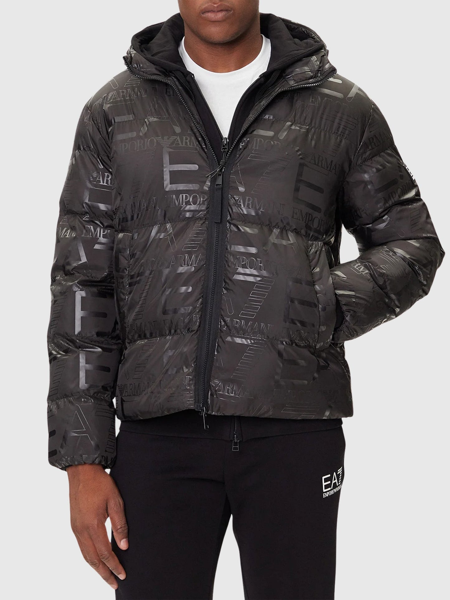 EA7 Emporio Armani Padded Hooded Jacket With All-over Logo Print Black