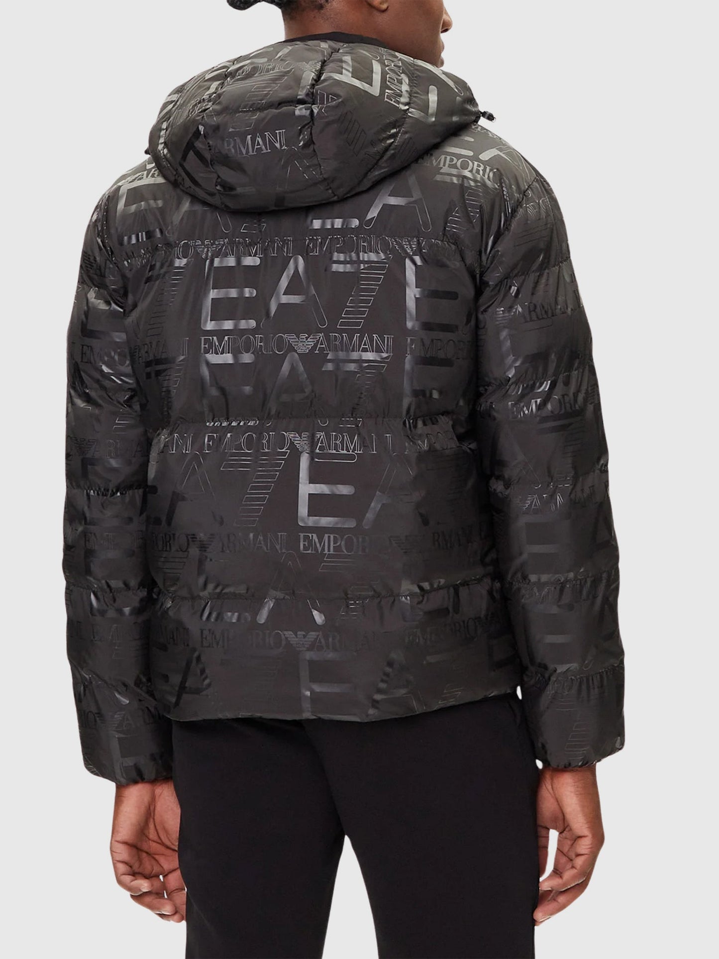 EA7 Emporio Armani Padded Hooded Jacket With All-over Logo Print Black