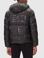 EA7 Emporio Armani Padded Hooded Jacket With All-over Logo Print Black