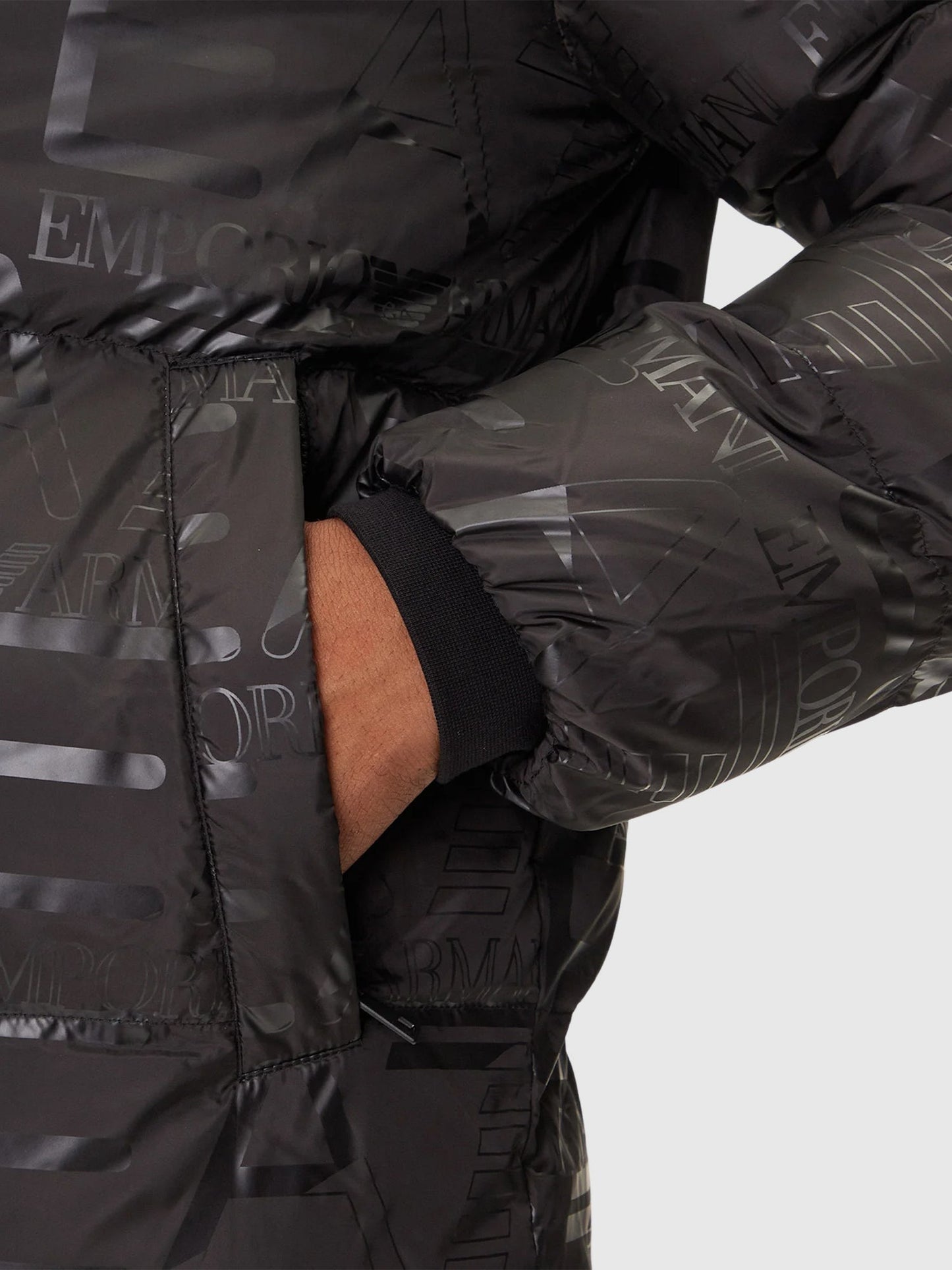 EA7 Emporio Armani Padded Hooded Jacket With All-over Logo Print Black