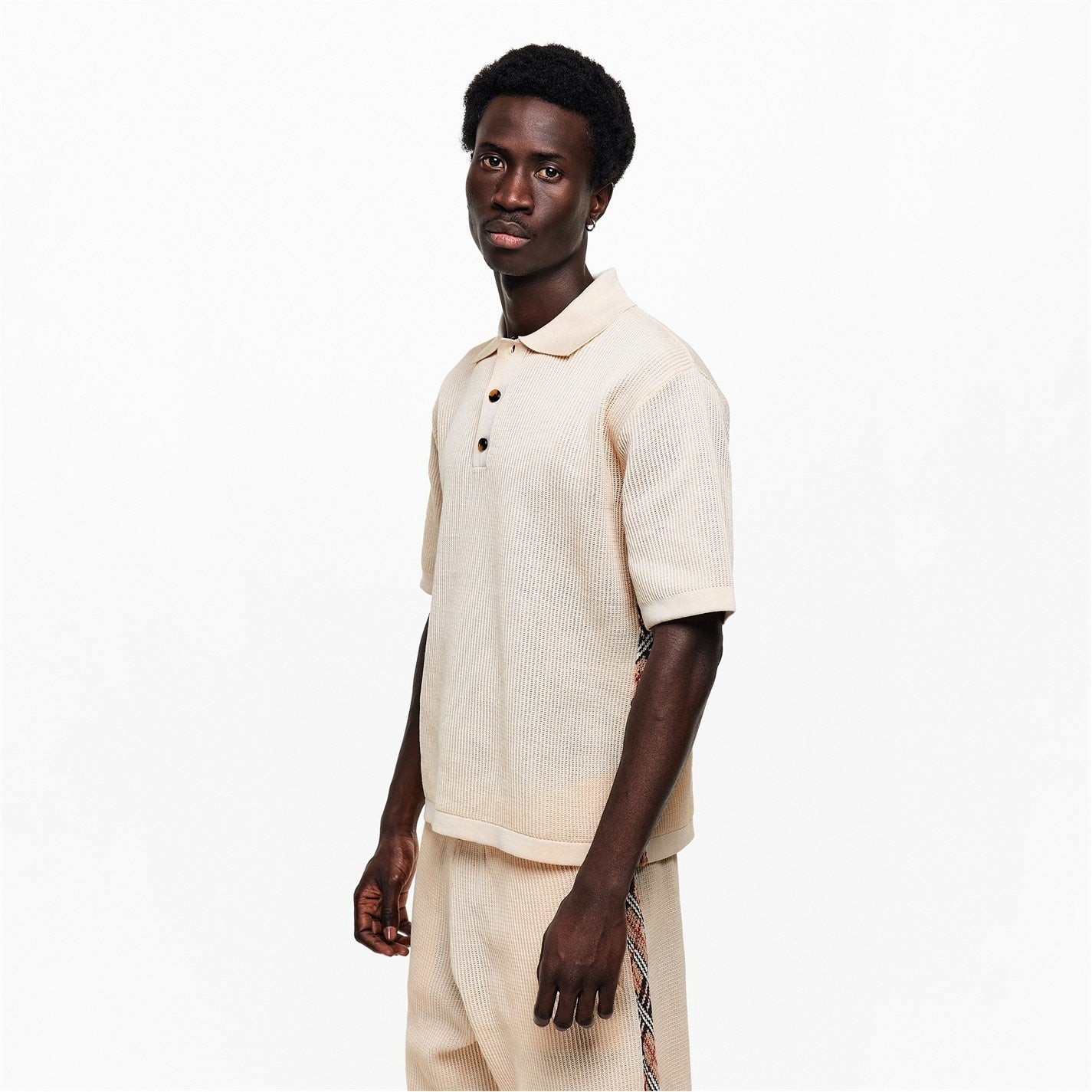 Men’s Knitted Polo & Shorts Co-Ord Set in Beige
